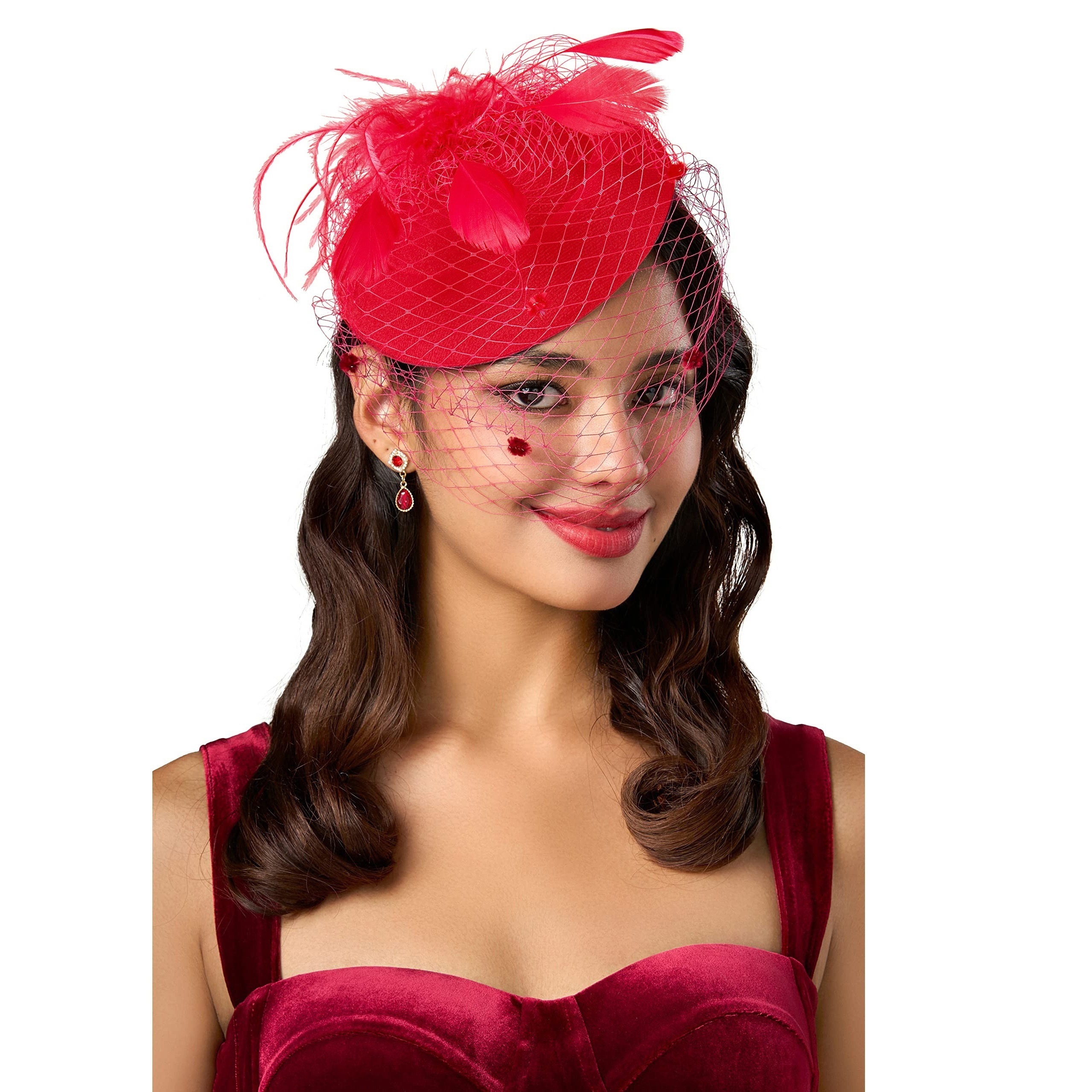 Beloved Millinery Fabulous Couture Red Ostrich Feather Hat Veil Derby Tea Church Beloved Millinery Couture Products for Sale up to 90% Off  main image 2