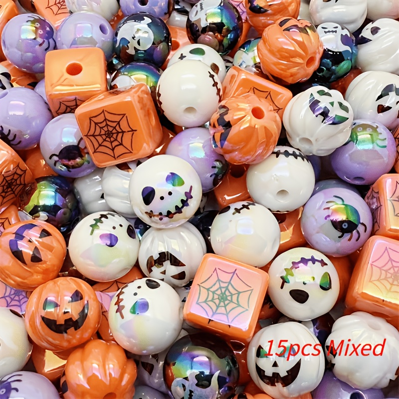 TEMU 15pcs 16mm Perles Acryliques Imprimées Couvertes Couleur Trou Droit Rondes et Carrées Halloween Plateau Décoration Ferme Artisanat Décoration
