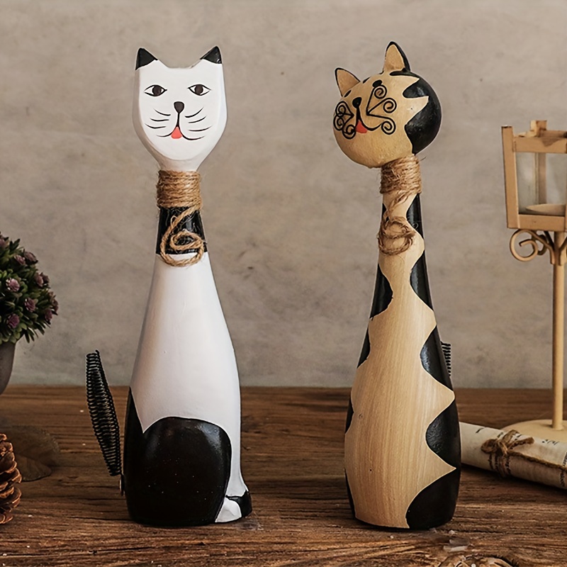 

Set Of 2 Wood Carved Cat Figurines, 11-inch Hand-painted Home Decor, Simple Craft Wooden Cat Statues For B&b Decoration