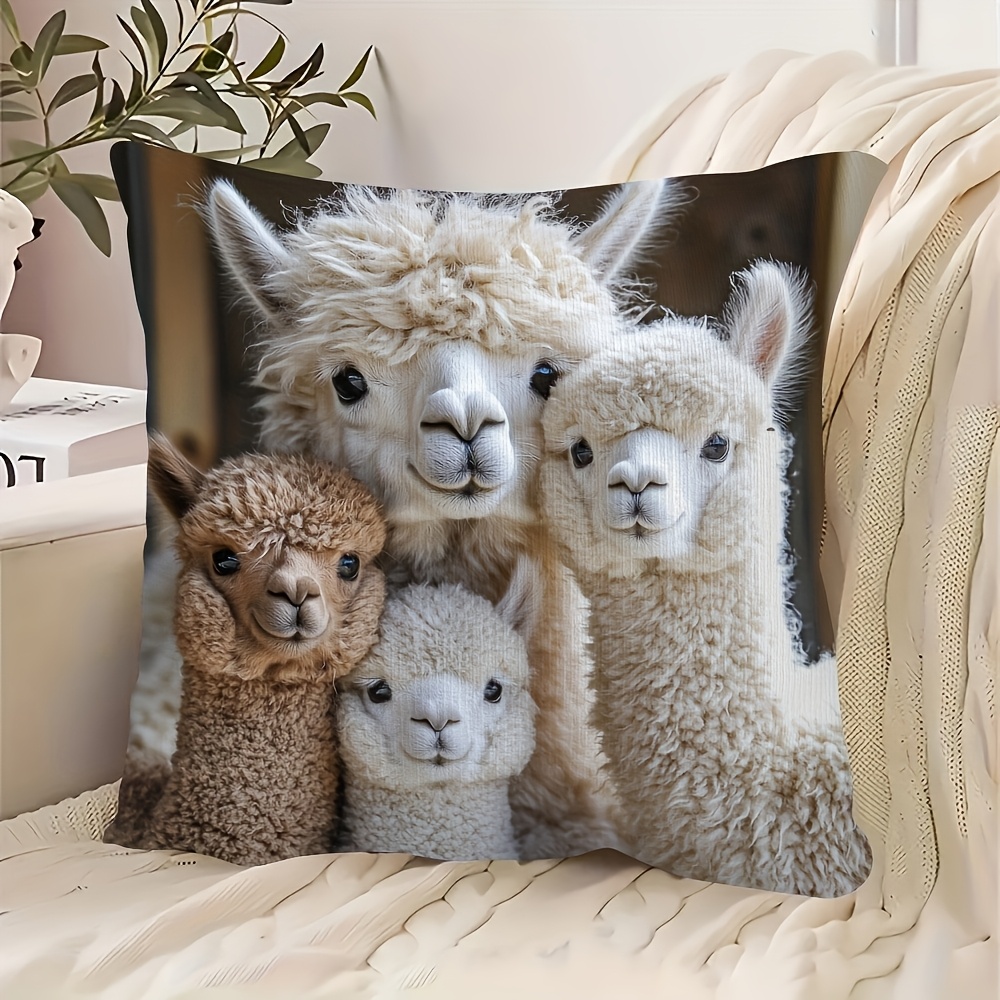 2d Flat Printing 1pc Alpaca Family Plush Pillow Cover 18x18 Inches – Ultra Soft, Double-sided Print, Design, Suitable For Sofa, Couch, Bed, Car Or Living Room (no Insert)