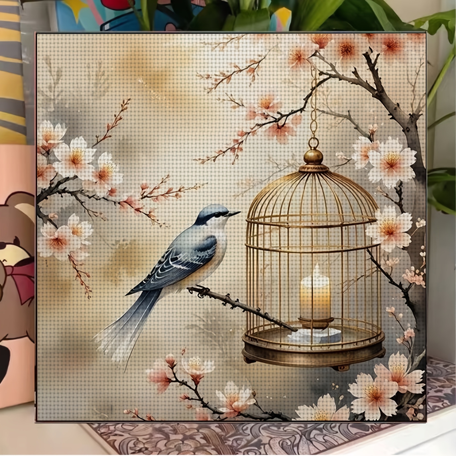 Complete DIY Cross Stitch Kit, Birdcage with Flowers by Candle