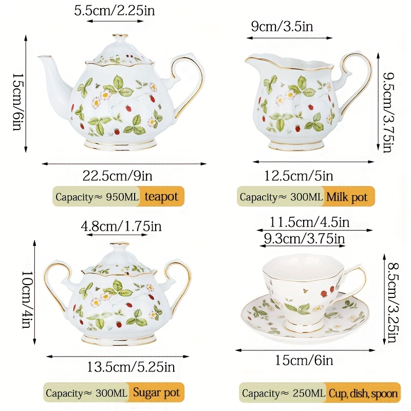 Wild Strawberry Ceramic Sugar Pot + Milk Jug Set / Large Pot, Coffee Cup & Saucer Set with Three Different Styles to Choose From - Perfect for Afternoon Tea, Coffee, Juice, Weddings, Gifts, Birthdays, Christmas, Family, Restaurants, Banquets, Valentine's Day, Thanksgiving, and New Year Celebrations