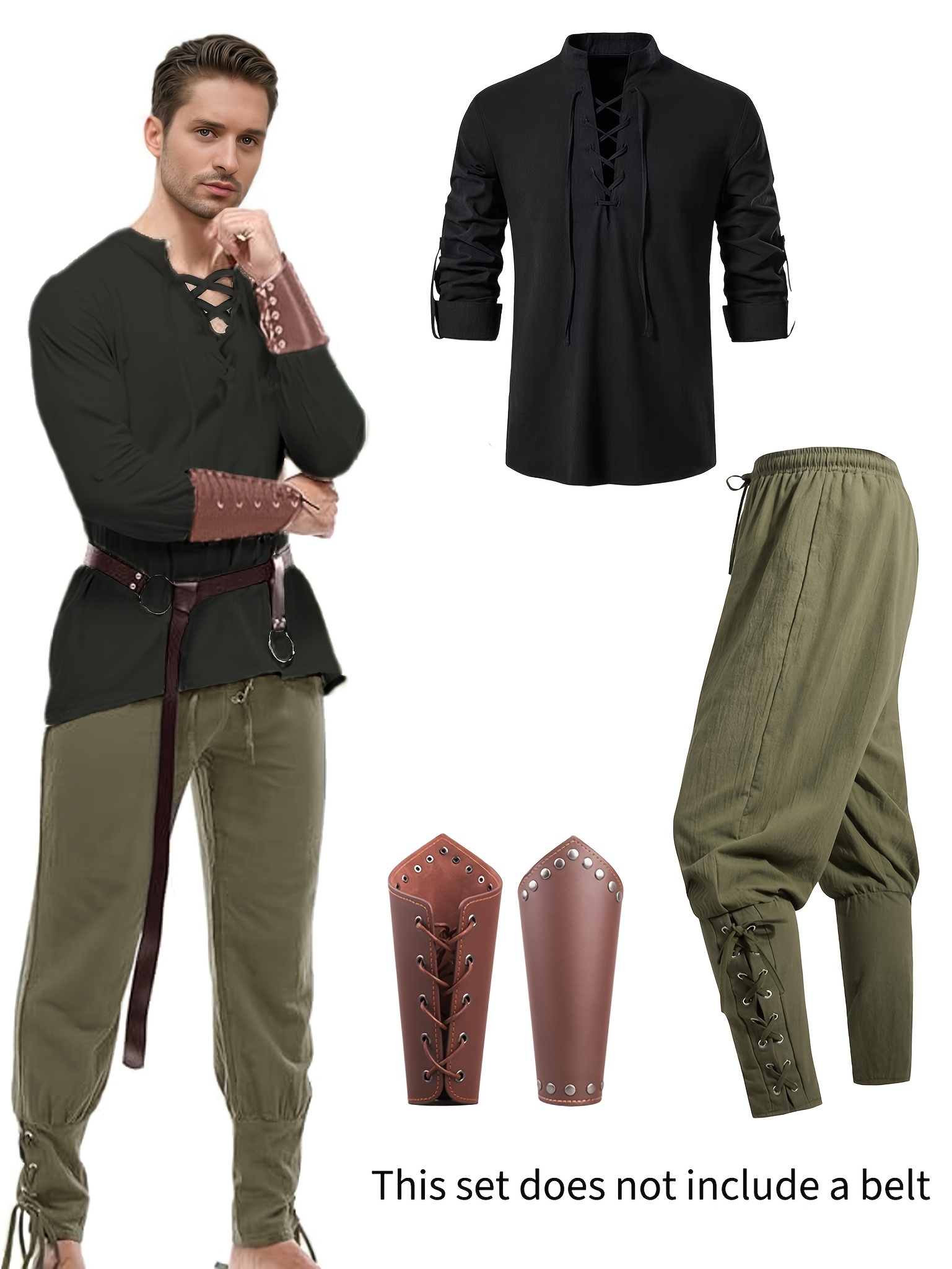BuzzoXerex Conjunto de Ropa Medieval para Hombre, Juego de Caballero Medieval para Hombre, Conjunto de Traje Renacentista con Camisa Pirata Medieval para Hombre, Cinturón Muñequeras Accesorios