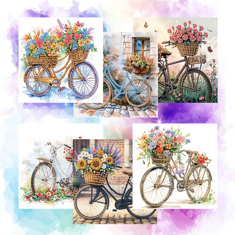 TEMU 6pcs Diamond Painting Greeting Card Set, Floral And Bicycle Theme Cards, Painted Diamond Sticker Design - Round Bead Handmade Kit, Includes 6pcs