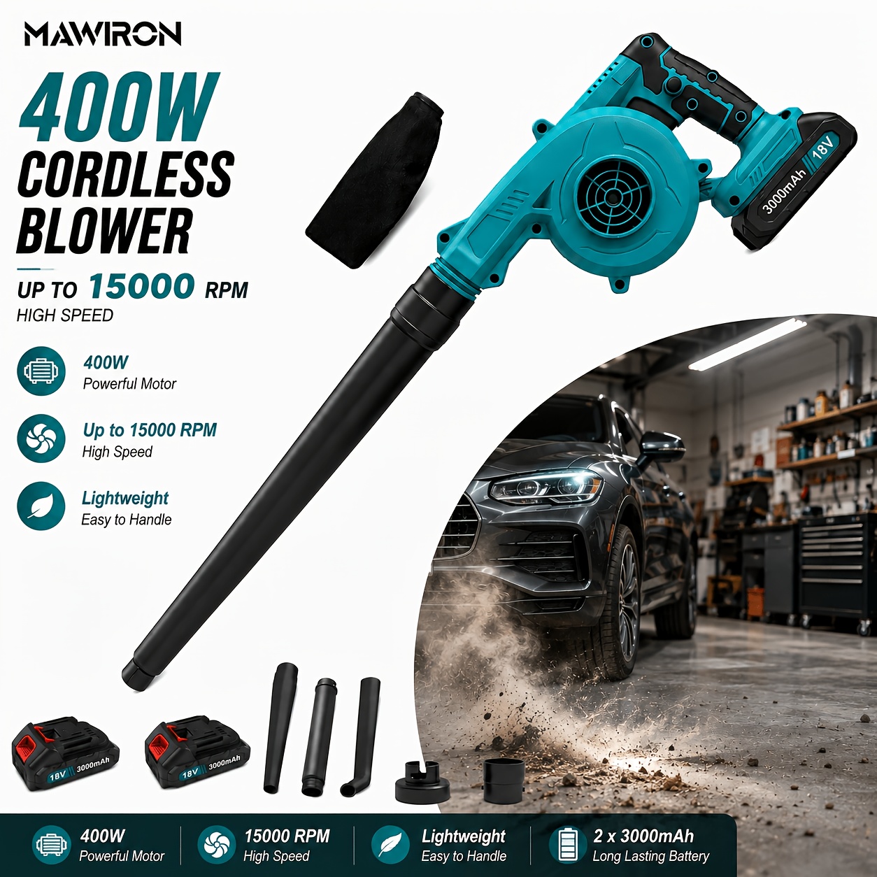 Image of Cordless Leaf Blower, 400w 15000rpm Electric Leaf Blower With 2pcs 3000mah Battery, Lightweight For Yard Garden Car Patio Dust Cleaning