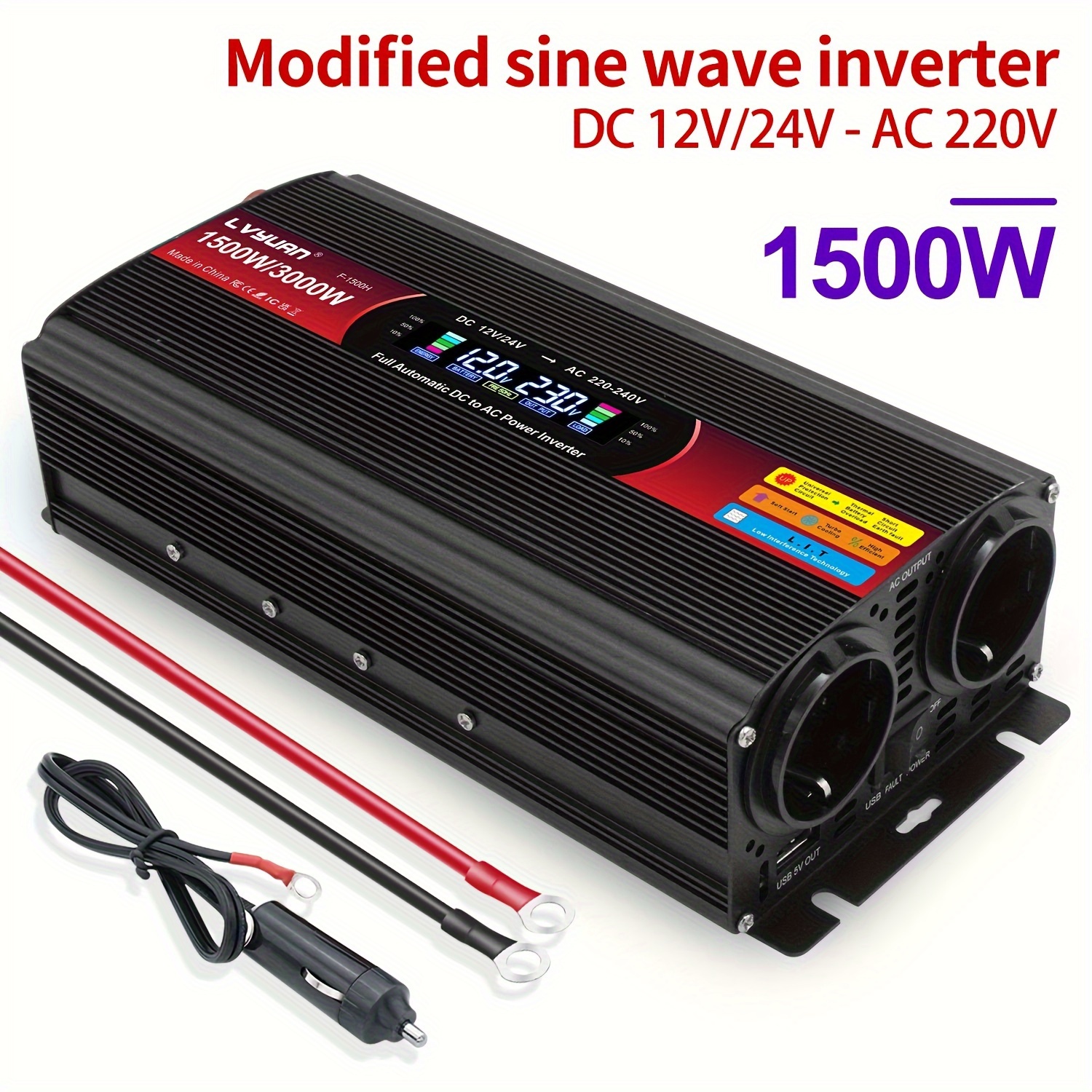 ETREPOW 1500w/3000W Omvormer Zuivere Sinus Spanningsomvormer 12v 230v met 2 EU-Stopcontacten en 2.1A USB-Poort,draadloze afstandsbediening LCD-scherm