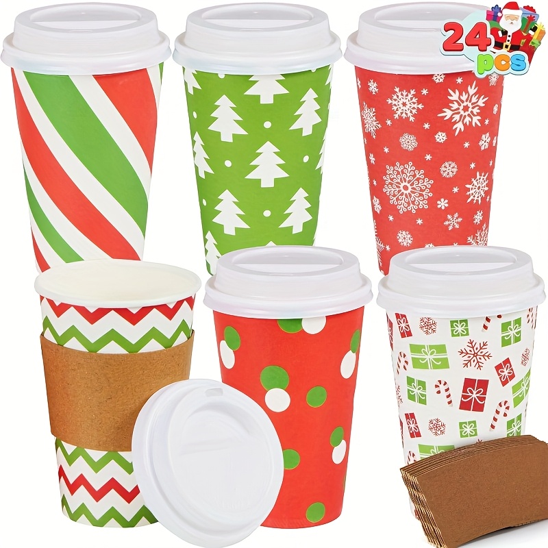 TEMU Joyin 24 Pcs 16 Oz Christmas Disposable Cups With Lids And Coffee Cup Sleeves For Holiday Table Decorations, Hot Chocolate Cold Beverage Party
