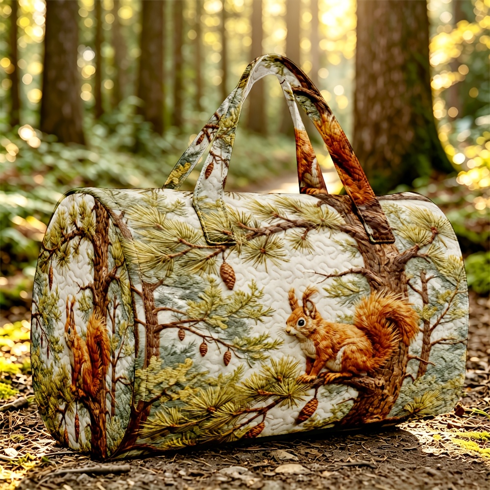TEMU 1pc Quilted Cylinder Travel Tote With Squirrel And Pine Tree Forest Stitching Pattern On Cream For Women Halloween Thanksgiving Christmas Gift
