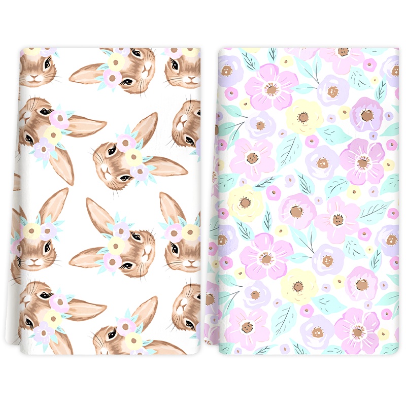 TEMU 2pcs Fresh Wreath Bunny+soft Pink Floral Single-sided Print Lightweight Towels (24.01x14.17inch)-for Kitchen Dish Wiping, Bathroom Hand Drying,