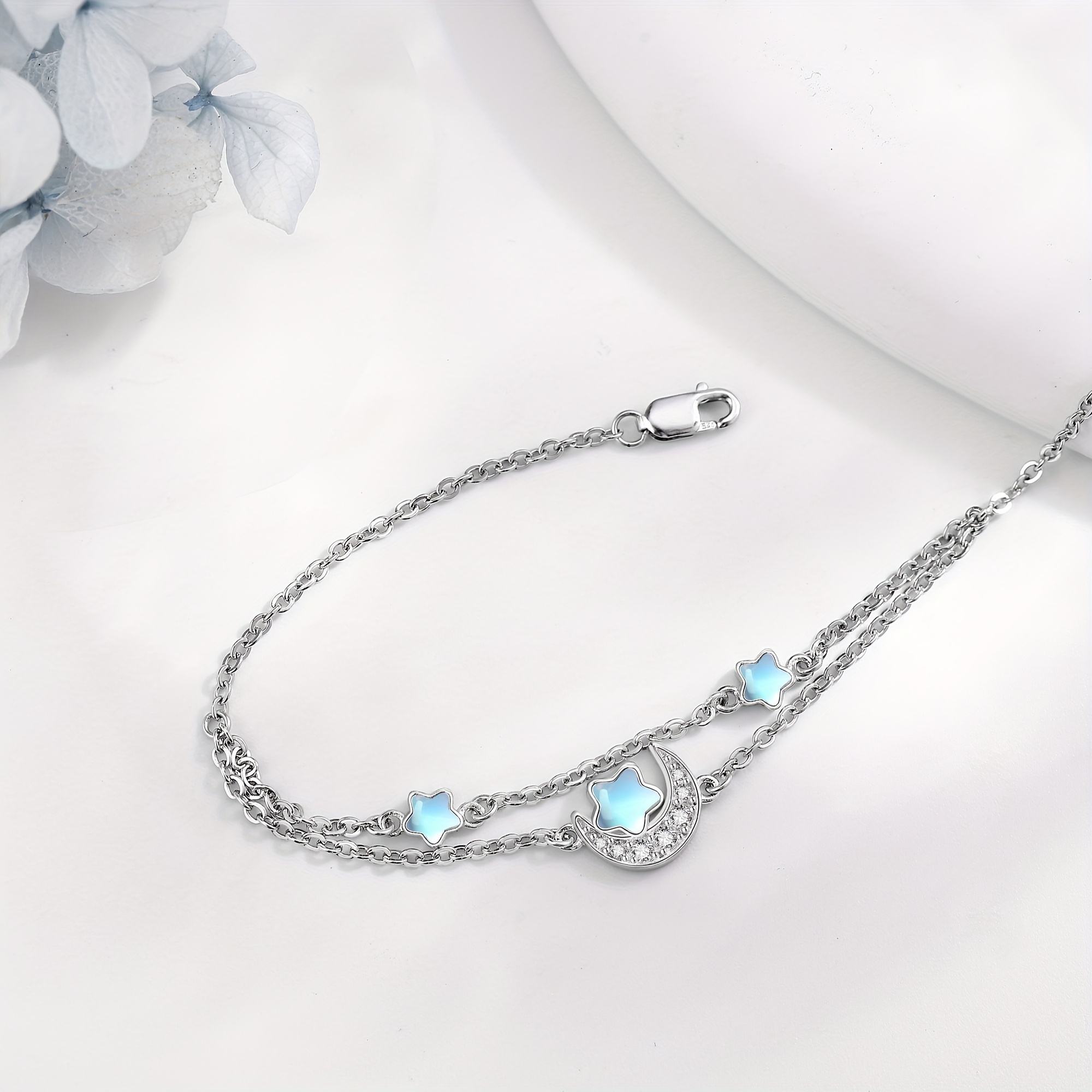 S925 Silver Moon Star Bracelet with Moonstone for Women