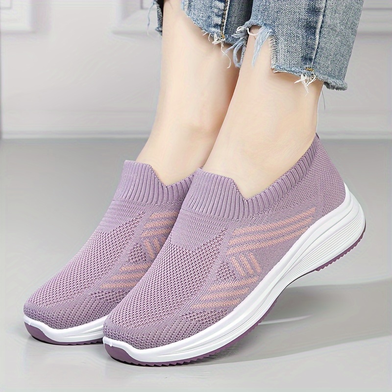 Women's Slip-On Sneakers Breathable Knit Fabric, Casual Low-Top Walking  Shoes with Rubber Sole, Round Toe Design Black Purple Stripe, Ladies  - Main Image