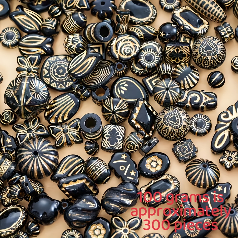 TEMU 300pcs 100g Vintage Baroque Acrylic Beads Mix - Multicolor Series With Intricate Black And Golden Patterns, Ideal For Jewelry, Bracelets,