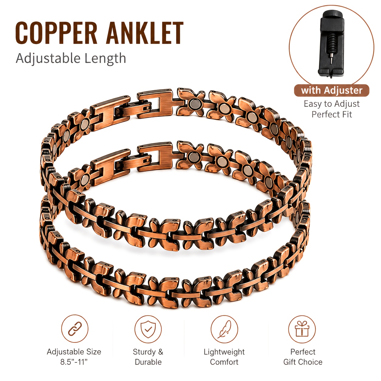 TEMU 2pcs Set Of Women's Pure Copper Anklets, 99.9% Copper, Polished, Adjustable Chain Length With Sturdy Buckle, Free Tool For Easy Adjustment,