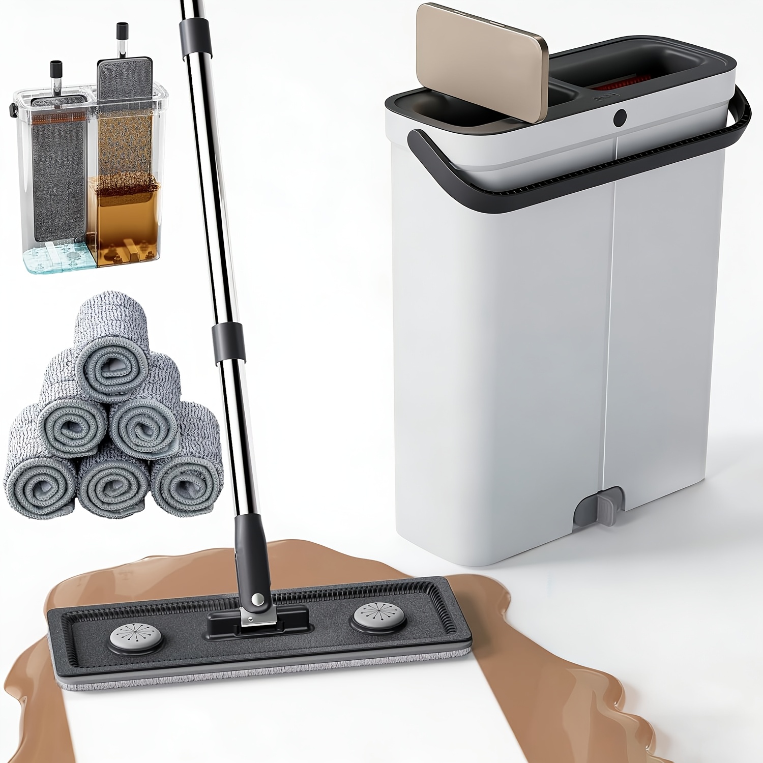 E-shop Mopp-Eimer-Set mit Auswringemühle, langstieliger Nass-/Trockenmopp, flacher Mopp geeignet für Böden zu Hause, inklusive 6 Mikrofaser-Moppköpfe,