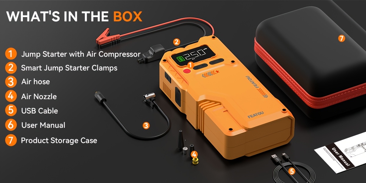 7000a jump starter with air compressor portable car jump starter 5000a 7000    pack with150psi digital tire inflator car battery charger portable for 10   or 9 0l diesel fast charging usb output led emergency lighting Product details 8