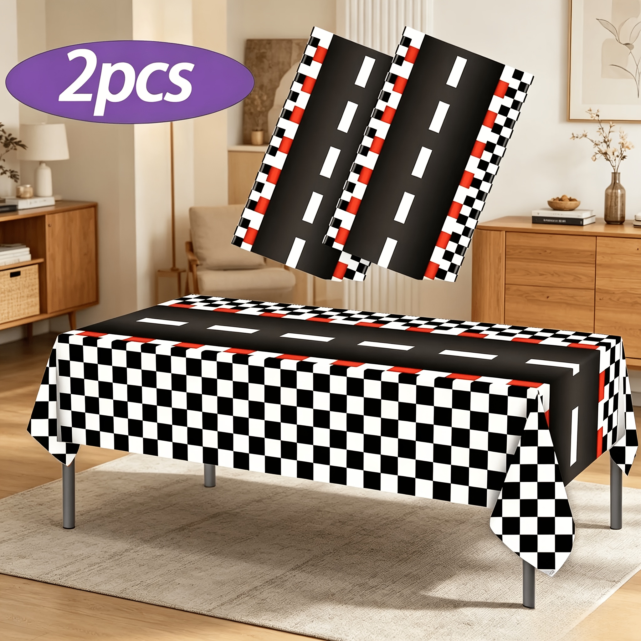 TEMU 2pcs Checkered Pattern Racing Theme Tablecloth - 54*108inch Disposable Pe Tablecloth - Party Tablecloth, Black And Red Checkered , Suitable For