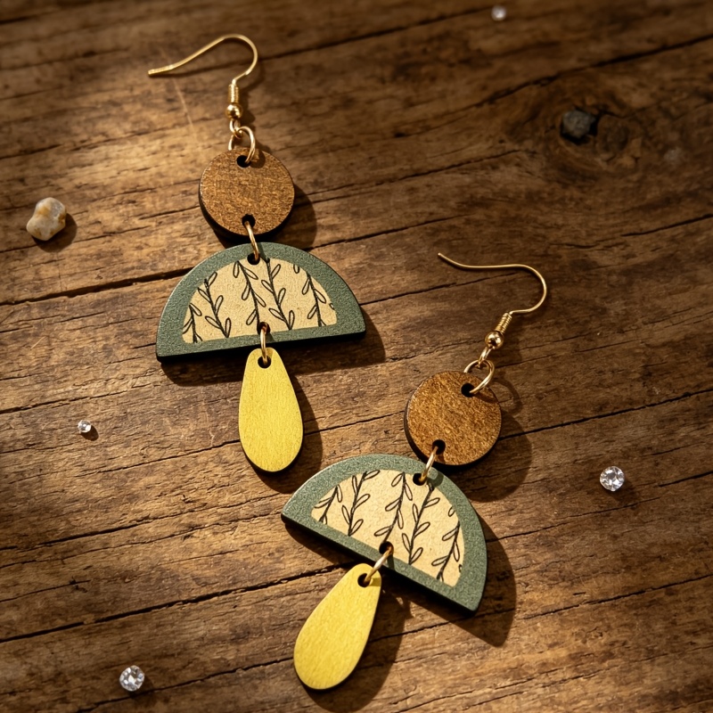 Bohemian Geometric Semicircle Printed Leaf Teardrop Earrings