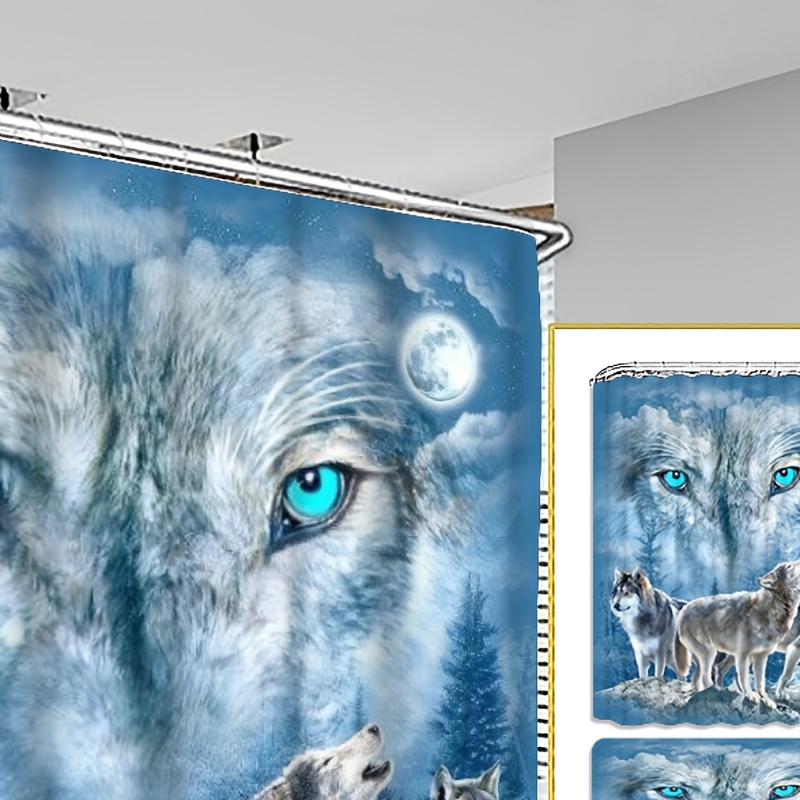 

4pcs Wolf Curtain Decoration, Beautiful Housewarming Gift, Decoration, Waterproof Shower Curtain And Toilet Floor Mat 3 Piece Set With 12 Shower Curtain Hooks