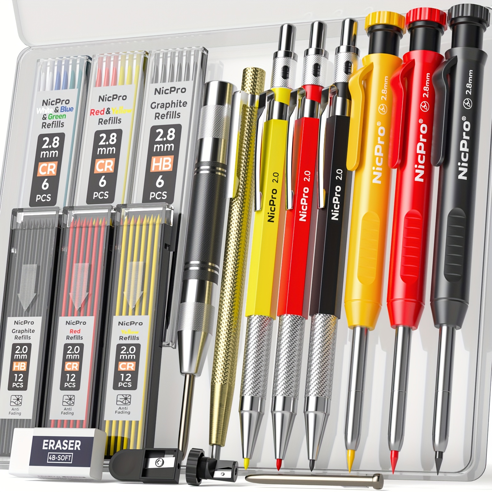 

Nicpro 18 Pack Carpenter Pencil Set With Sharpener, Mechanical Carpenter Pencils With 60 Refill, Automatic Center And Carbide Tool, Heavy Duty Construction Pencil -with Case