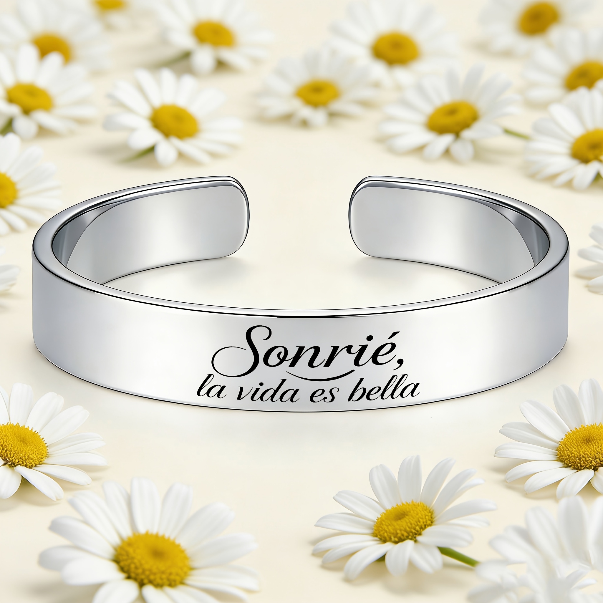 Women's Inspirational Spanish Quote Stainless Steel Open Bangle