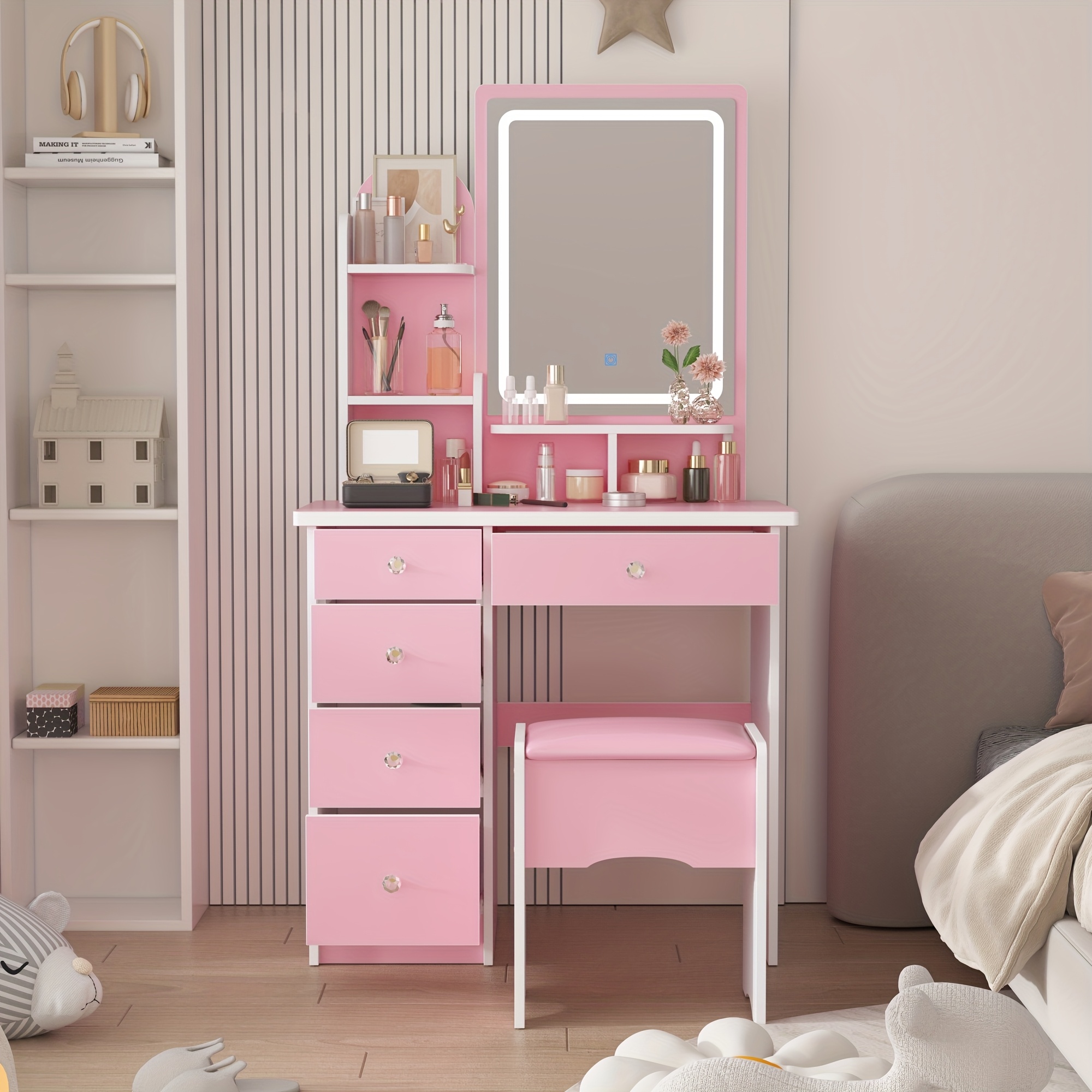 TEMU Modern Makeup Vanity Desk Set With Led Light Mirror, Dressing Table With 5 Drawers & Open Shelves, Dressing Table With Stool, Crystal Handles,