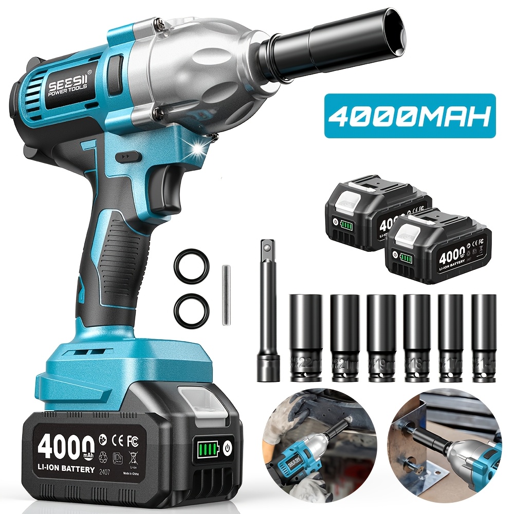 Image of Seesii Battery Impact Wrench 800 N.m, 1/2 Inch Brushless Impact Wrench With 2pcs 4000mah Batteries, 3- Stop Function, Used For Truck And Car Tire Replacement And Loosening Wheel Nuts, 6 Sockets