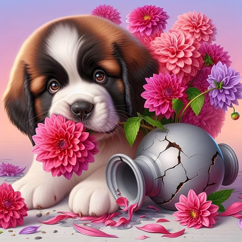 

Diy 5d Diamond Painting Kit - Flower-loving Puppy Design, 13.78x13.78in Frameless, Round Acrylic Diamonds, Perfect For Wall Decor & Surprise Gifts