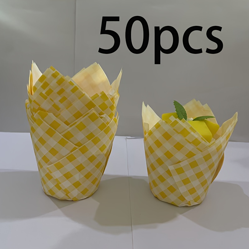 E-shop 50 Stück Tulpen Karo Kuchenpapierförmchen, fettbeständige Backförmchen, geeignet für Muttertag, Hochzeiten, Geburtstagsfeiern und Backzubehör