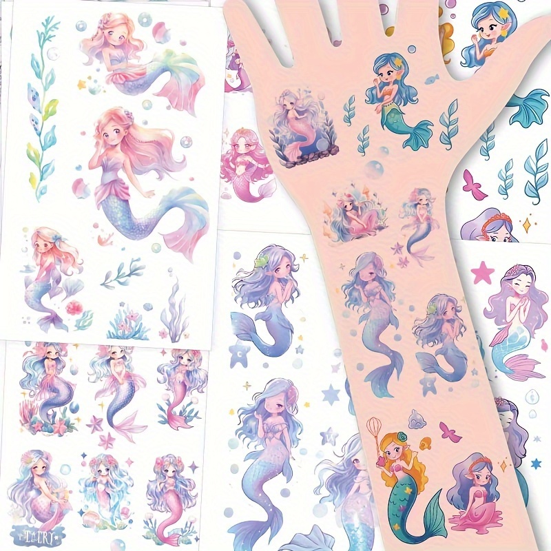 

32-piece Glitter Mermaid Temporary Tattoos Set, Waterproof Shimmering Cartoon Mermaid Designs, Oblong Fantasy Ocean Heart Themed Body Art, Ideal For Girls Birthday Party Favors & Decorations