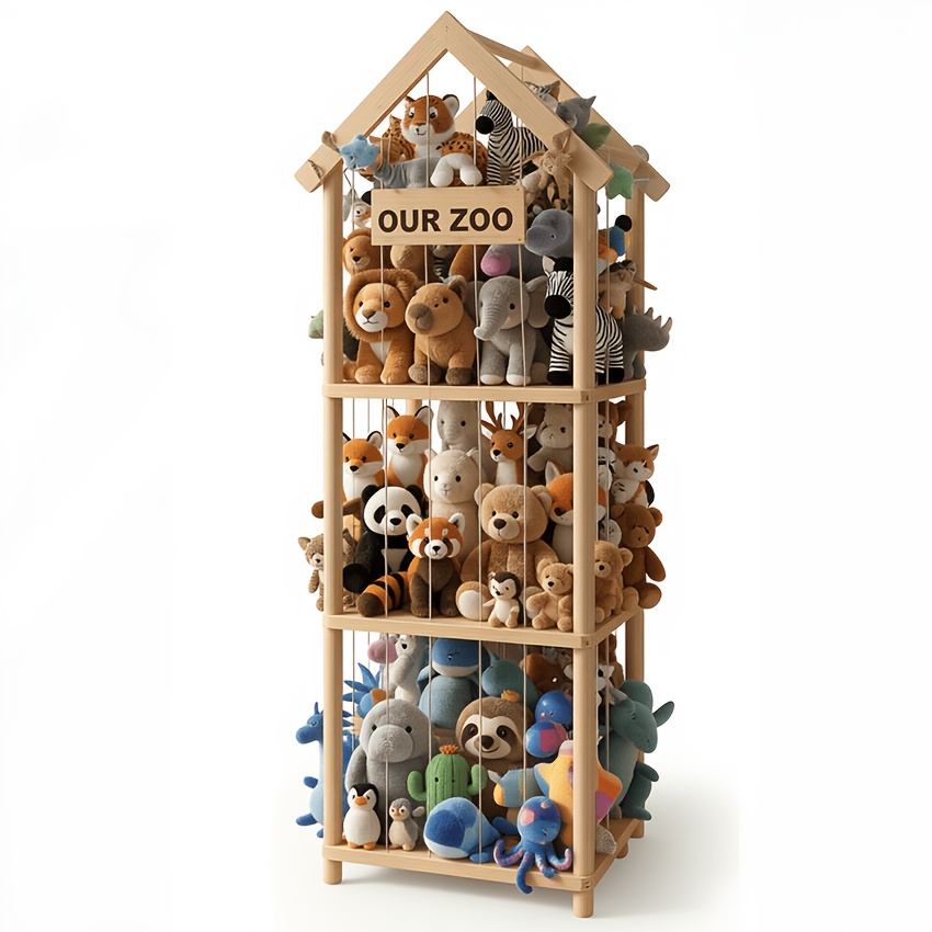 Holz-Aufbewahrung fr Stofftiere, platzsparender vertikaler Stofftierhalter  aus Holz, einfacher * Plschtier-Organizer im Landhausstil fr Kinderzimmer  & Spielzimmer (Holz, Gro)