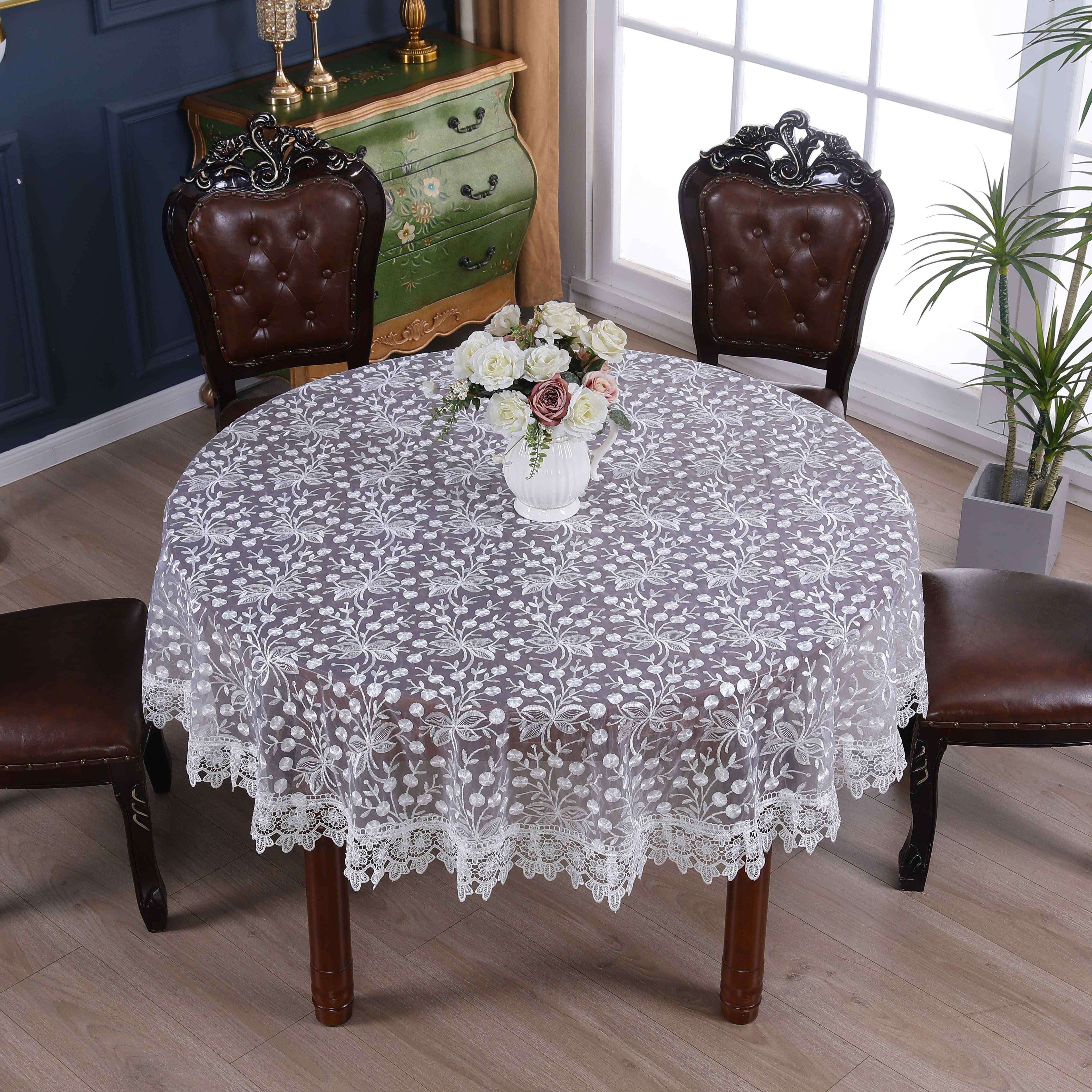 1pc elegant white lace floral round tablecloth polyester with delicate floral dots ideal for christmas festive decor   home kitchen parties and camping dining table cloth