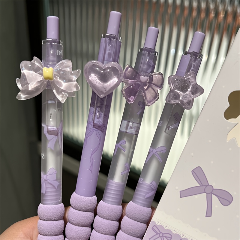 TEMU 4pcs Set Taro Purple Sweetheart Bow Pens - Gentle Style, Quick-drying Ink, Translucent Purple With Purple Bow Print, 4 Glitter Three-dimensional