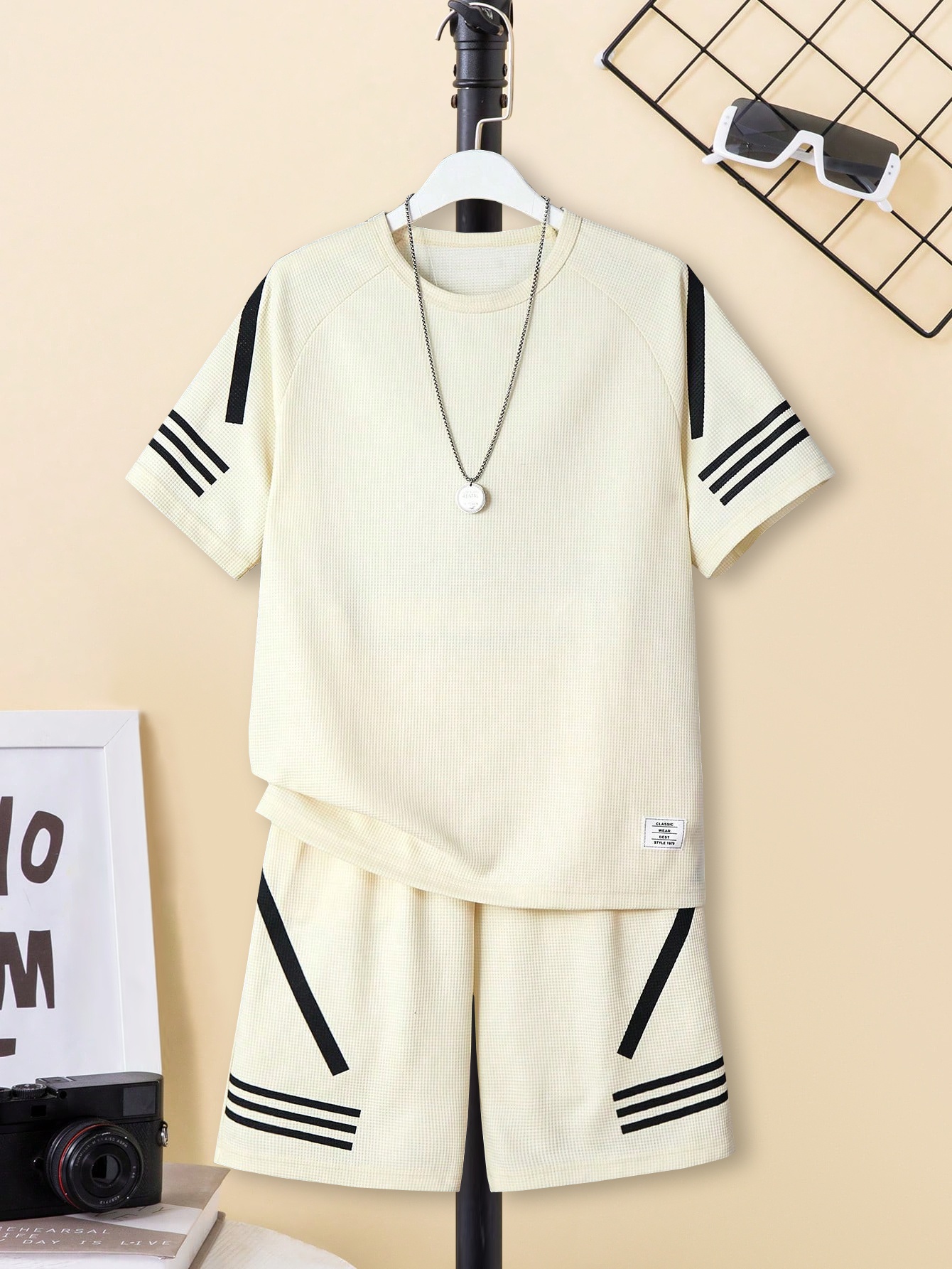 summer casual striped short sleeve shorts set beige black Temu