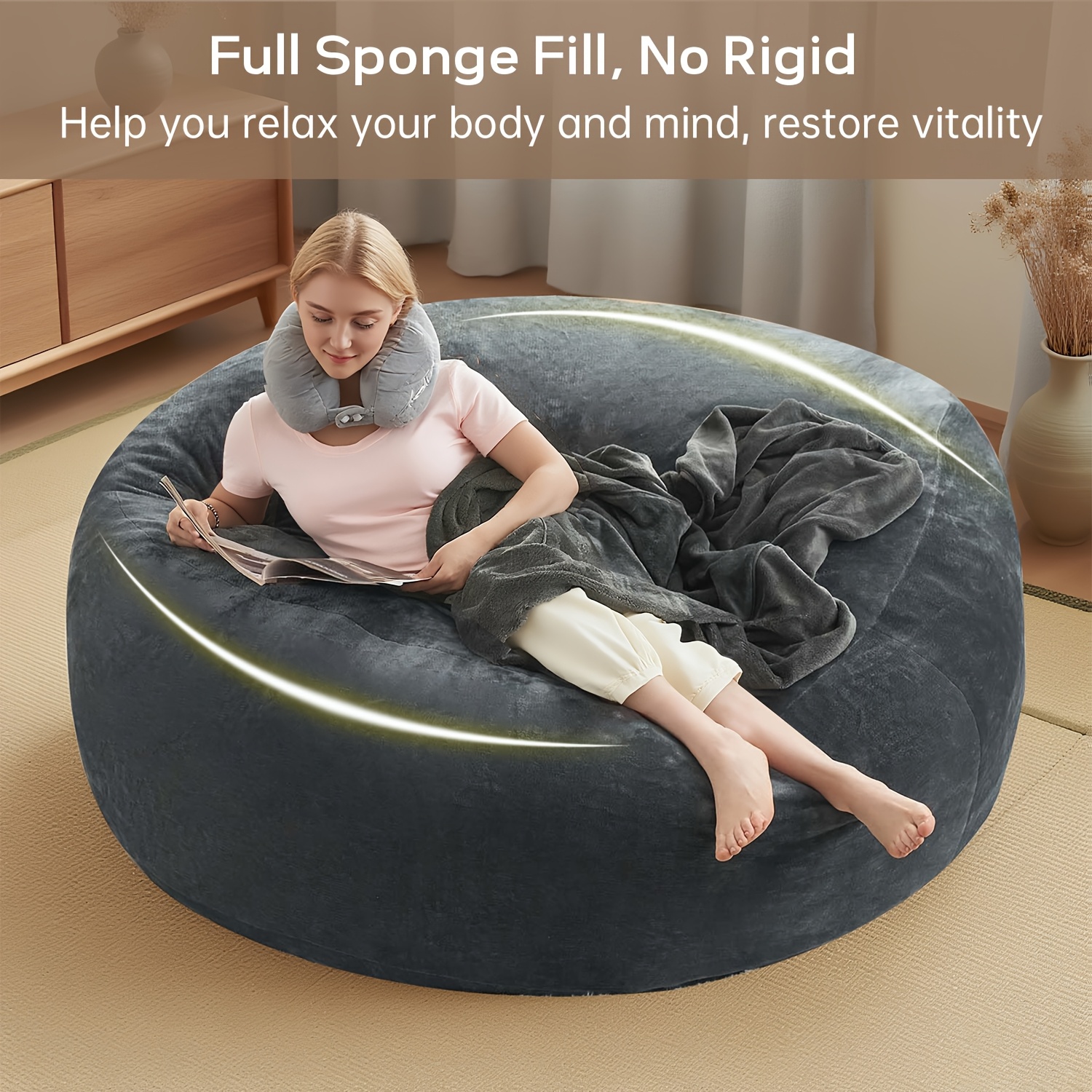 Large 4ft/5ft/6ft Bean Bag Chair Compatible for Adults - Oversized Sofa Bed Lounger with Memory Foam & Micro Velvet Cover, Soft Foam-Filled Furniture, Multi-Color Options (No Assembly) for Living Room, Bedroom - Ideal for Adults &