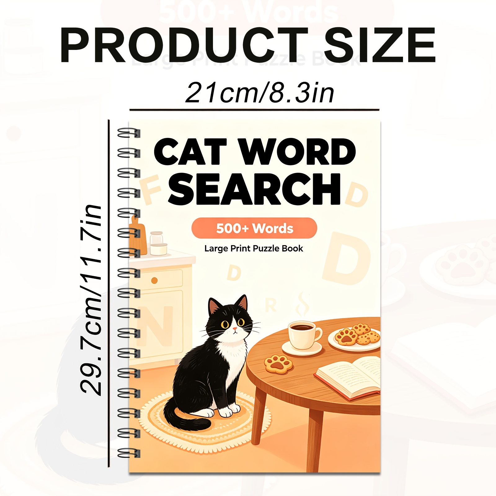 TEMU Cat Large Print Puzzle Book, 500+ Words Large Print Spiral Bound, Warm For Home Table Cat Scene Brain Game For Relaxation And Gifting, Relaxing