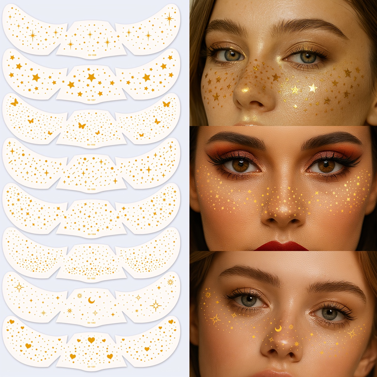 Image of 8 Sheets Glitter Freckles Face Tattoo Stickers - Metallic Temporary Face Tattoos With Golden, Brown, Red, Green, Purple, Pink, Orange, Yellow
