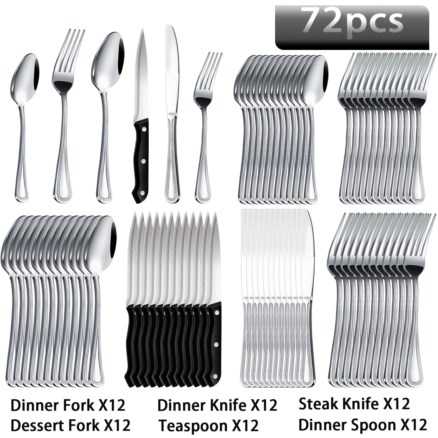 High-value Stainless Steel 60/72pcs Cutlery Set, Suitable For Large Restaurants, Weddings, Parties, Gatherings, And Daily Home Use, Dishwasher Safe, Mirror Polished, Comfortable To Hold