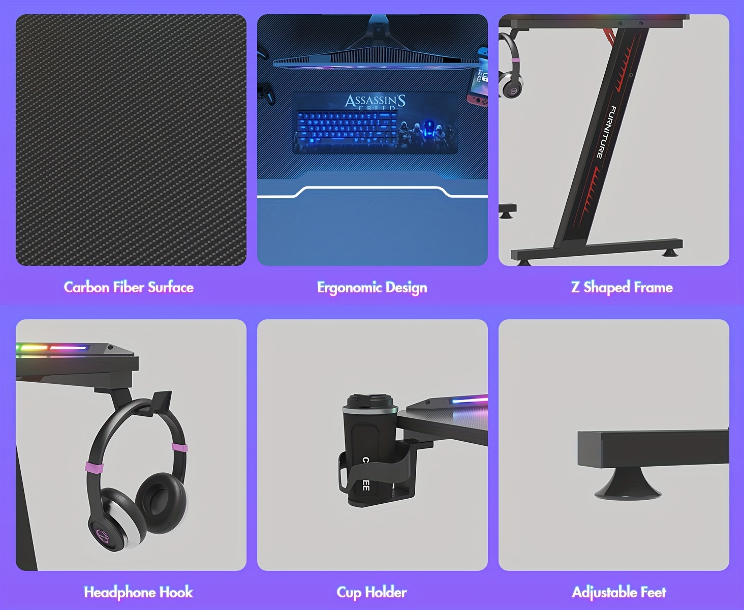  1pc gaming office desk rgb led gamer workstation carbon fiber racer table with cup holder and headphone hook 120cm zshaped legs Product details 1