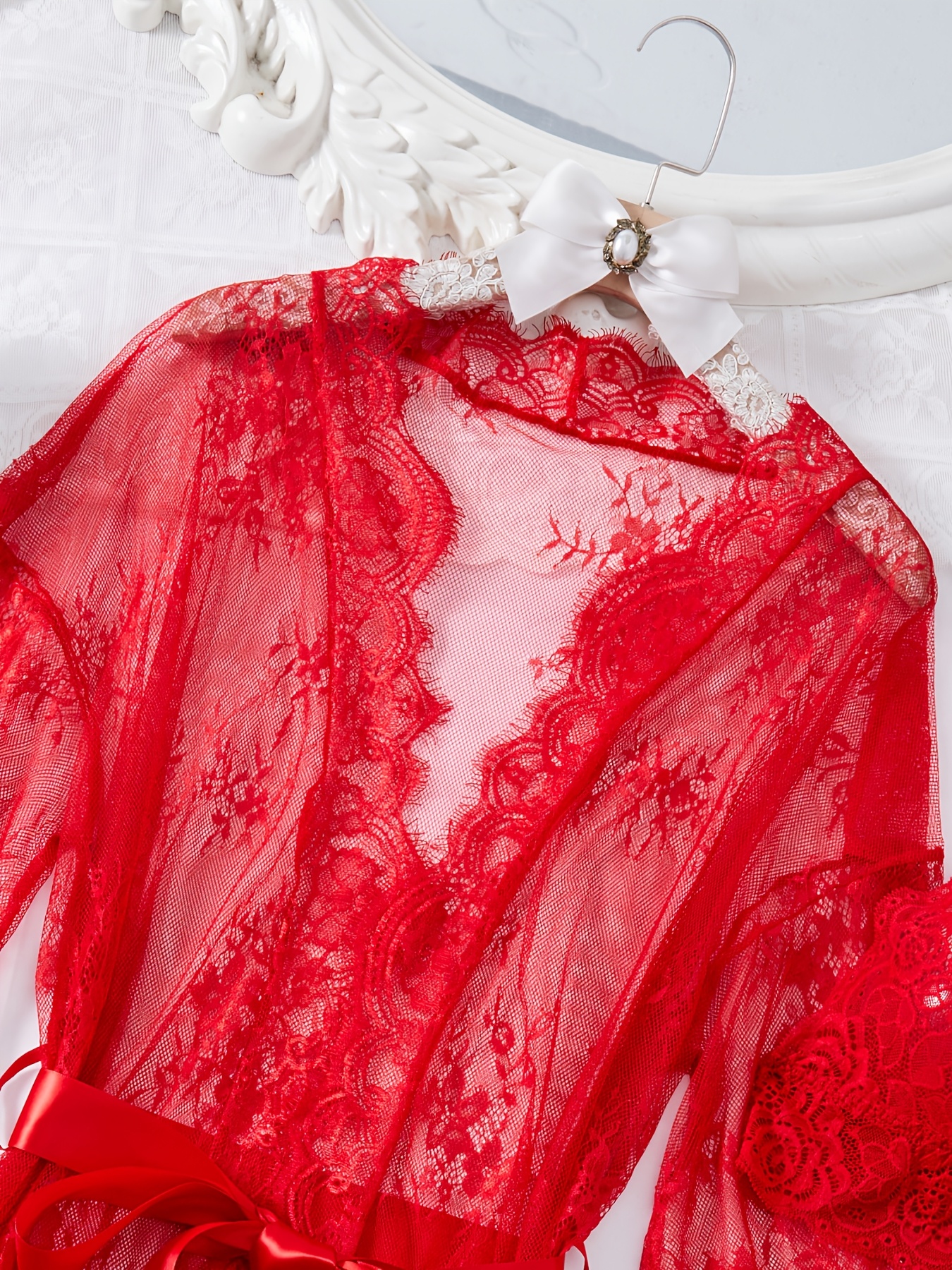 a lingerie robe set featuring eyelash lace wave decorations ribbons a   two piece outfit and a beautifully designed kimono bathrobe Product details 14