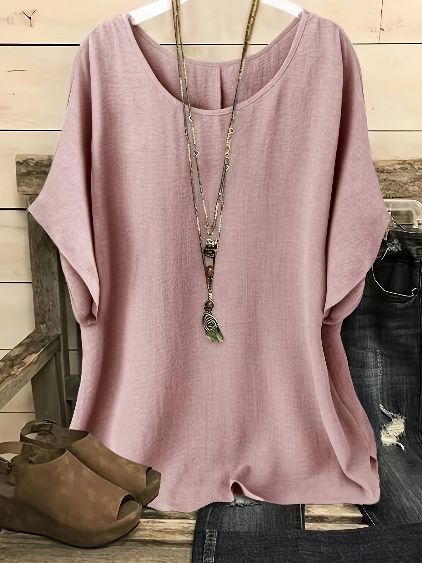 New Plus-Size Women'S Casual Vacation Solid Color Batwing Sleeve Shirt Top