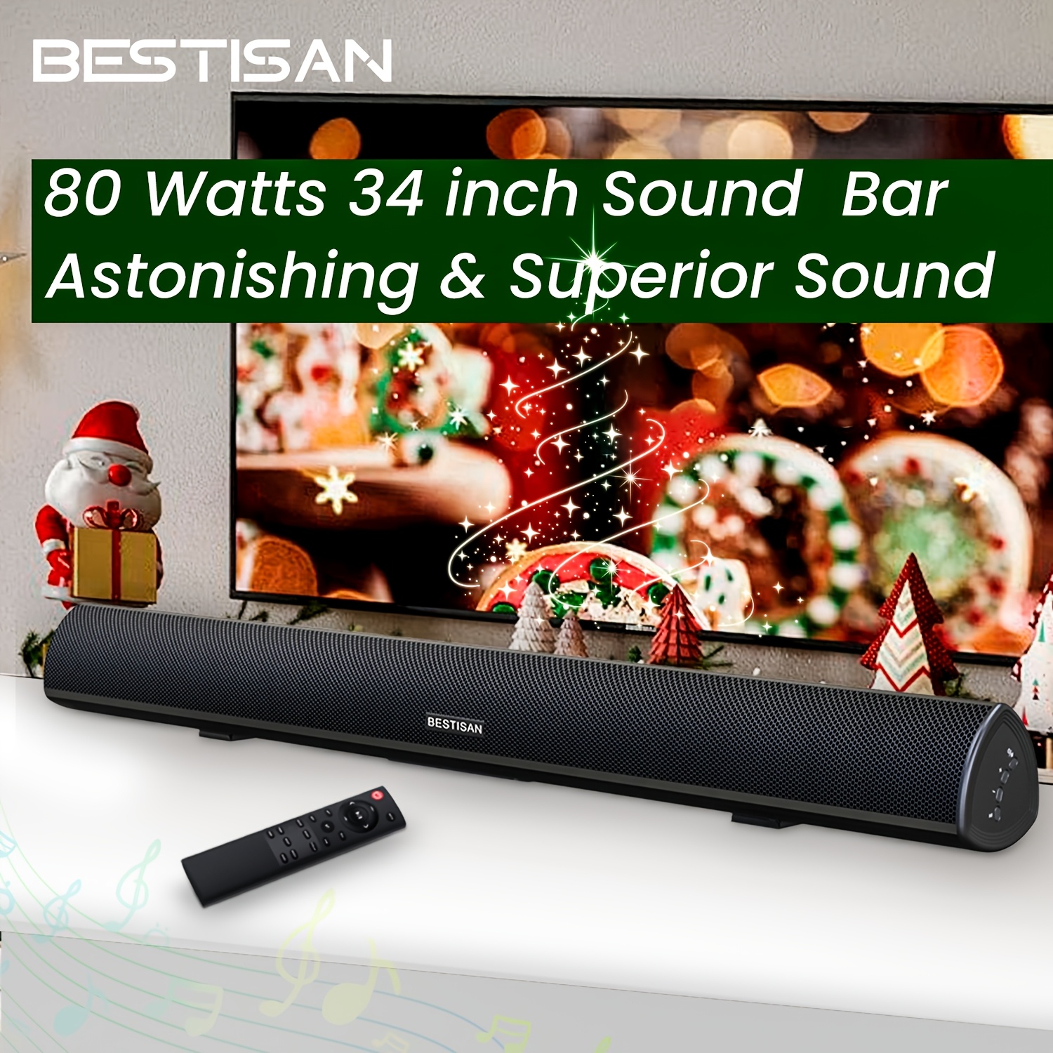 

Bestisan 80 Soundbar, Sound Bars For Tv For Home Theater System (arc, Bt5.0, Aux, Opt, Usb Port To Play Music, 34 Inch, Dsp, Strong Bass, Wall Mountable, Bass Adjustable, Aux Port)