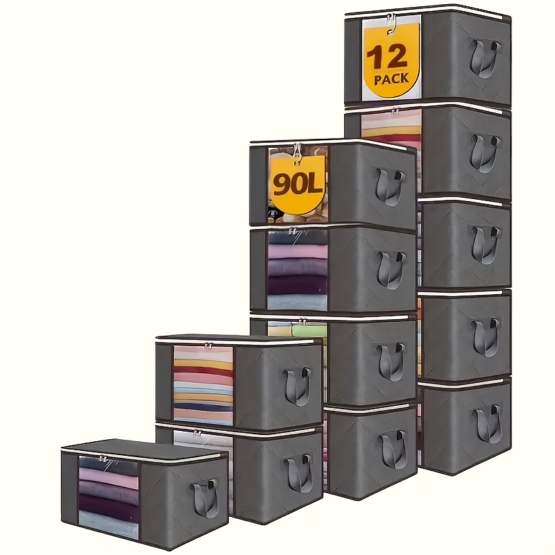TEMU 12pcs Set Of Large-capacity Storage Bags, 23.78-gallon Grey Foldable Clothing Storage Box With Lid And Handle, Rectangular Polypropylene Zipper