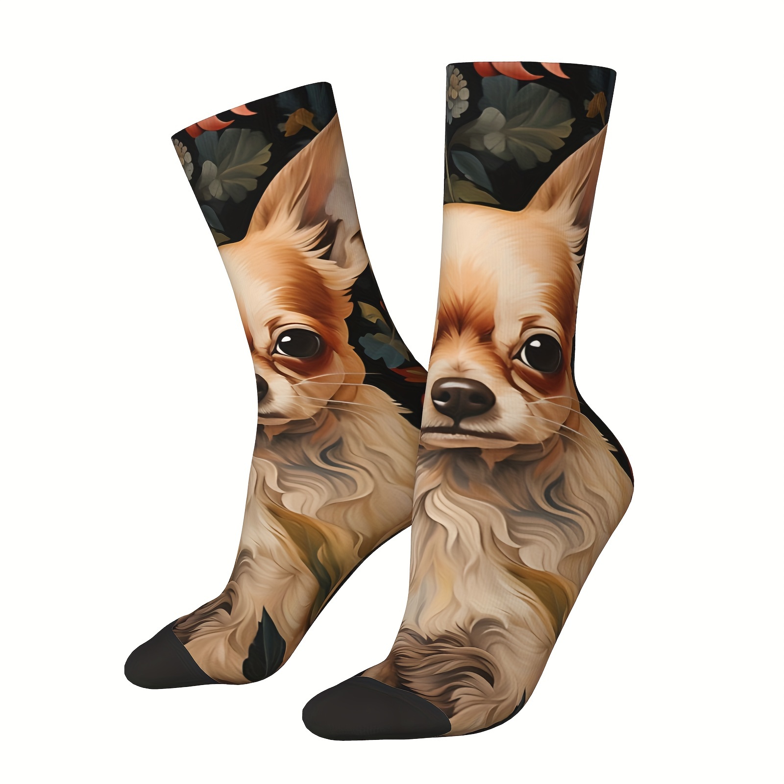 

1 Pair Of Men's Happy Funny Chihuahua In A Vintage Garden Print Crew Socks, Vintage Harajuku Hip Hop Novelty Seamless Crew Crazy Sock, Breathable Soft Comfy Socks For Gift