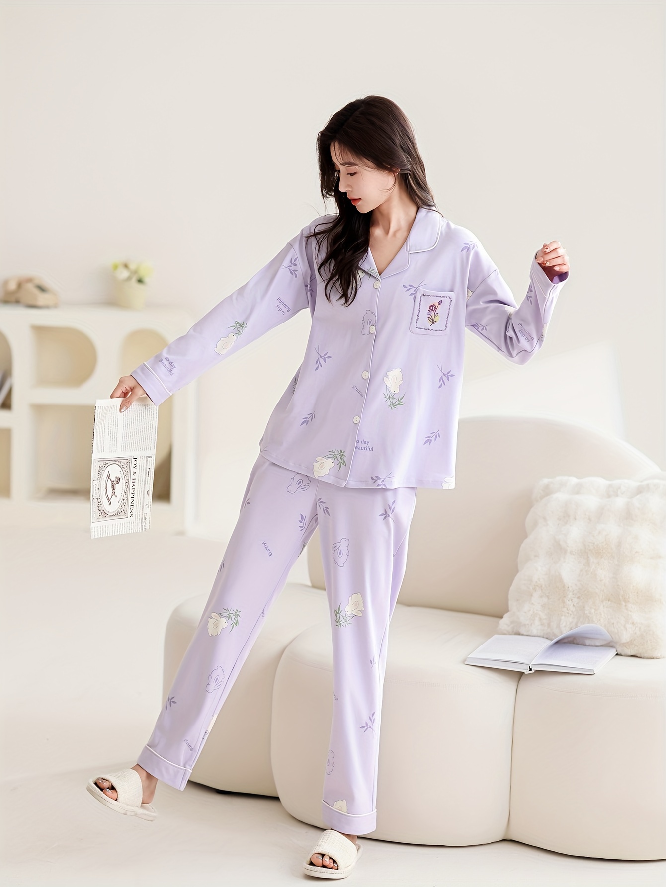 Conjunto Elegante de Pijama de Algodón para Mujer, Cuello con de  Larga con de Bolsillo de Punto con Estampado de Dibujo