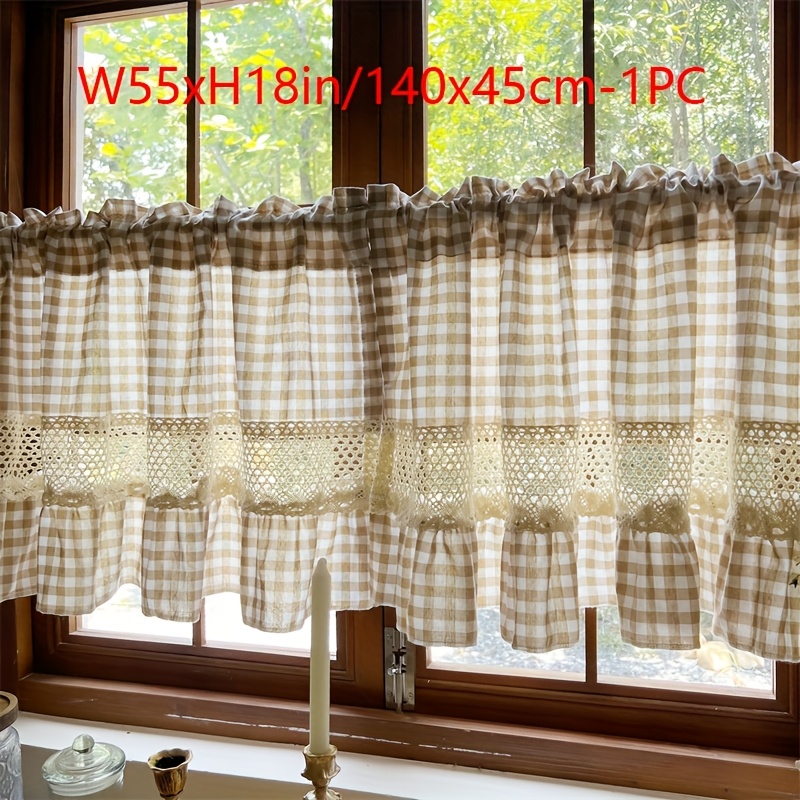TEMU 1pc Lattice Short Curtain Stitching Cutout Crochet Lace With Ruffles Design Curtain Top Rod Pocket High-quality Hanging Insulation Unlined