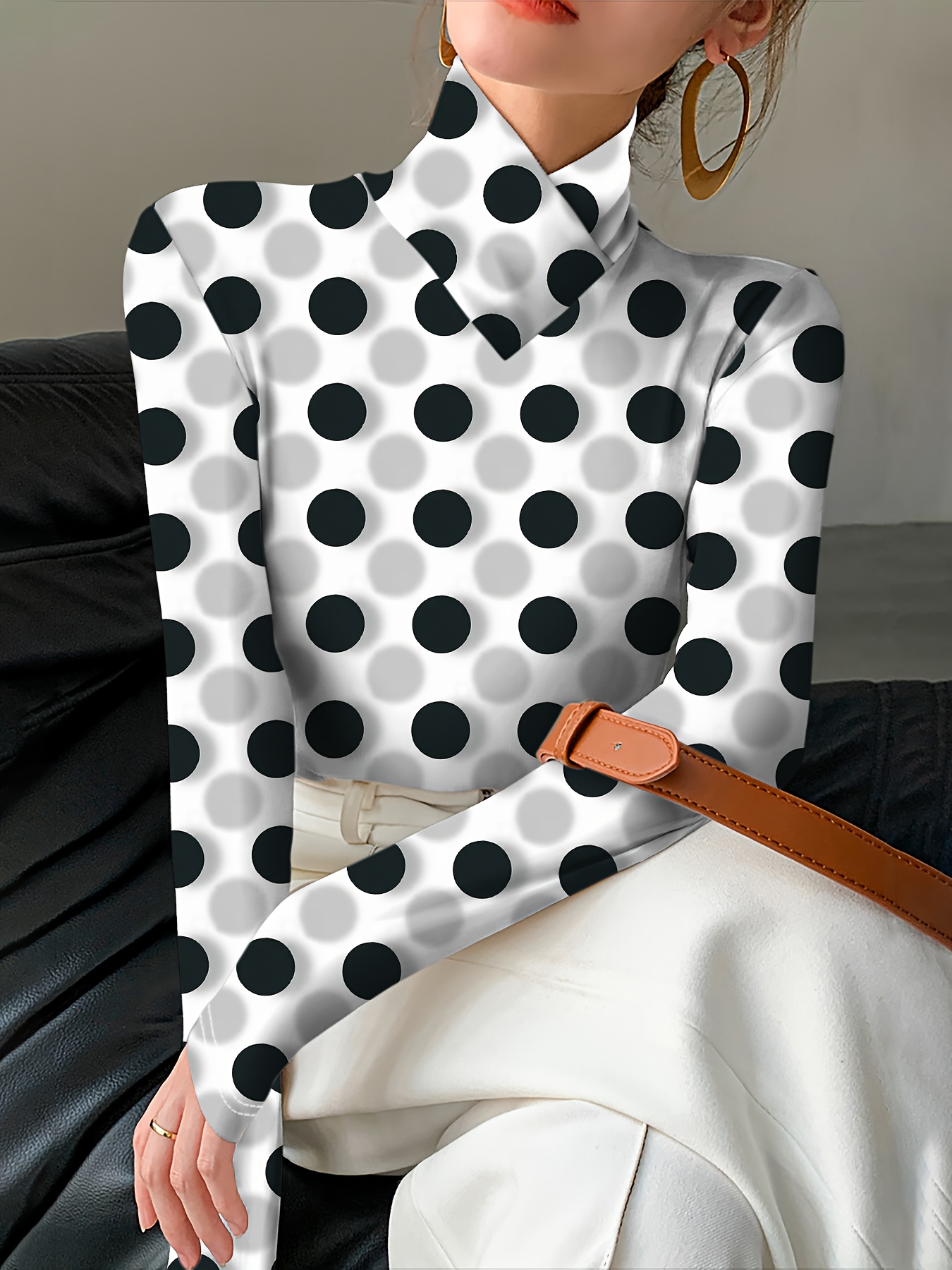 Women's All-Over Black & White Polka Dot Print T-Shirt with High Neck Collar & Cross-Over Back Design - Mid-Stretch Machine-Washable Top for Year-Round Casual to Semi-Formal Outfits