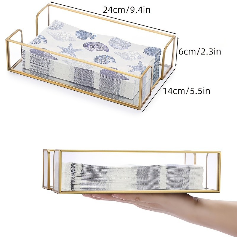 Elegant Napkin Holder Made Of Glass, Perfect For Displaying Guest Towels In The Bathroom, Kitchen, Or Dining Area. This Rectangular Basket In Golden Adds A Touch Of Style To Any Countertop