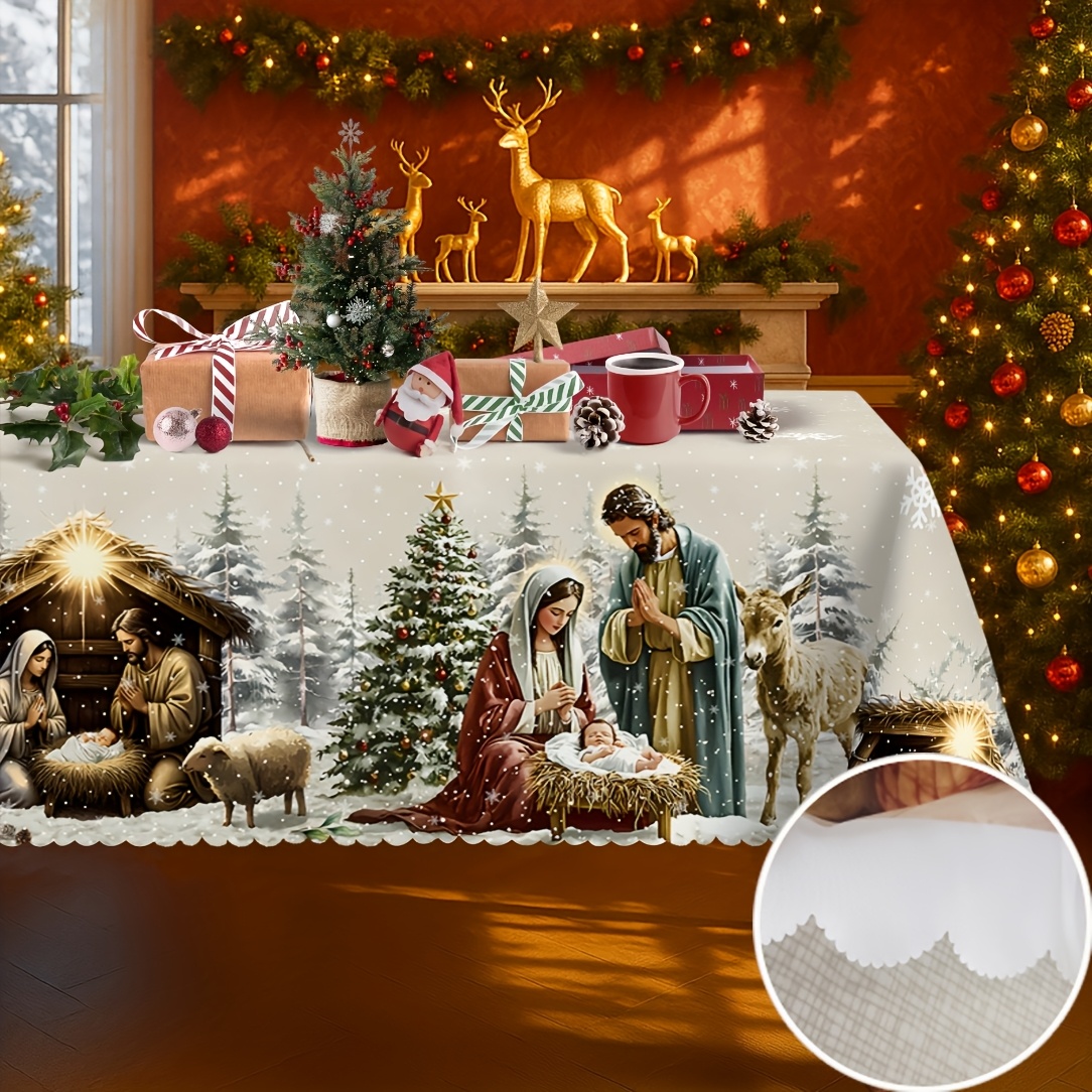 TEMU 1pc Tablecloth, Merry Christmas Tablecloth, Nativity Scene Design With Christmas Tree, Donkey, Sheep, Snowflake Patterns, Christmas Gifts,