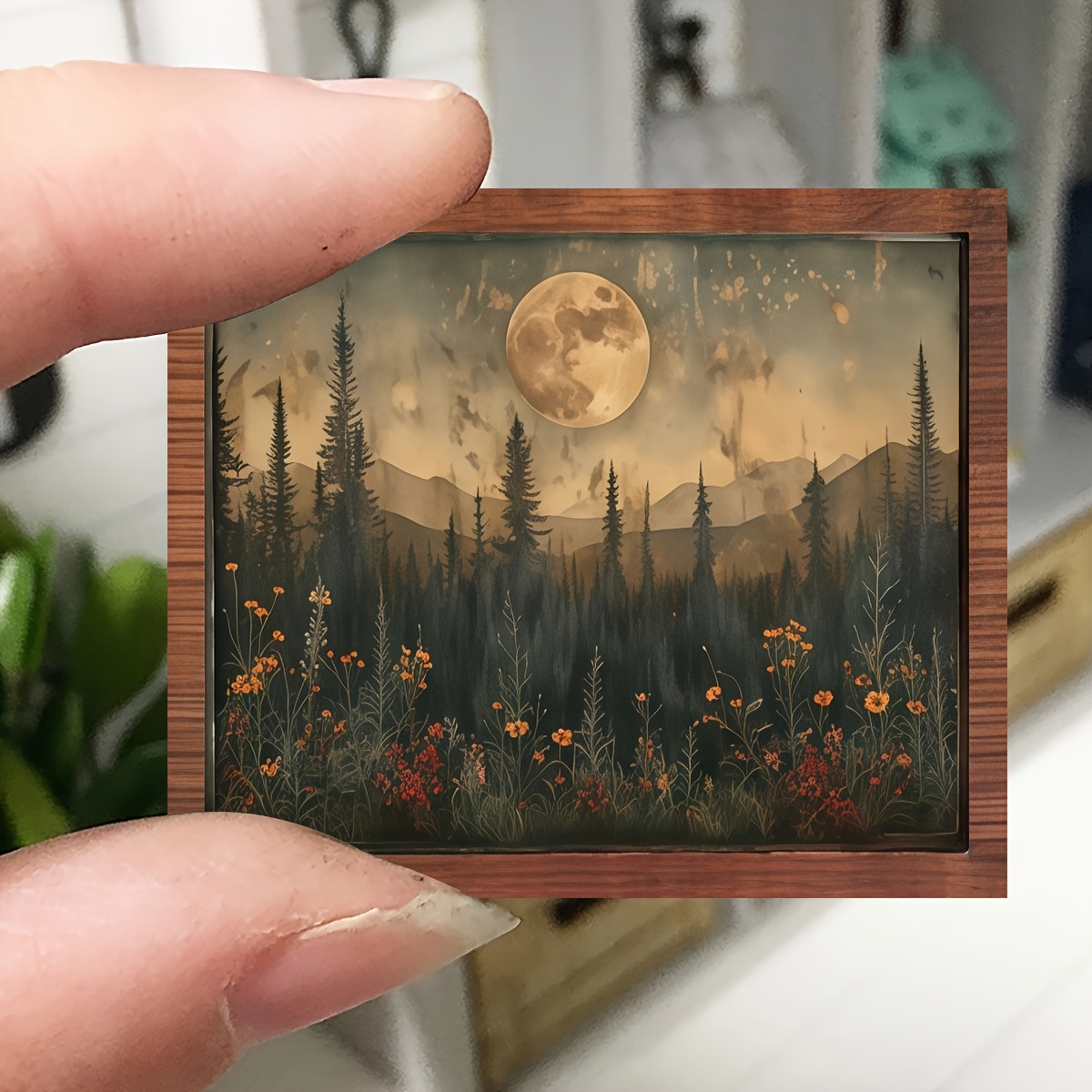 TEMU Plat 2D, 1 pièce Miniature 2D Vintage à Couche Unique, Ornement en Bois Décoratif Mural Motif Paysage de Forêt Naturelle et , Mini Panneau de