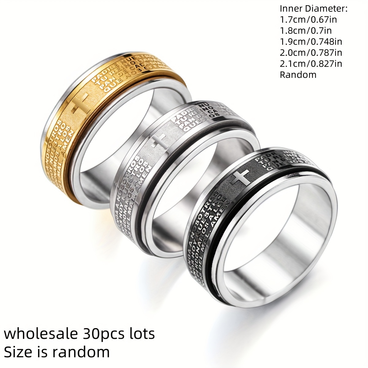 wholesale lots 30pcs stainless steel relieving anxiety spinner ring for men and women 8mm spanish   verse christian   cross ring cross ring letter cross ring religious jewelry gift Product details 0